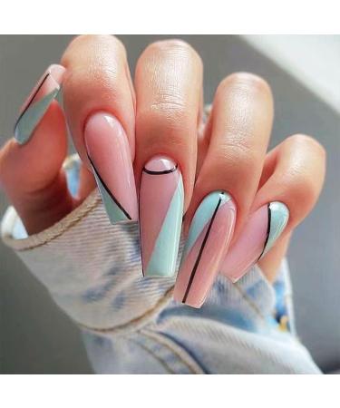 Kxamelie long press on nails with designs abstract fake nails square stick on nails for women thick coffin acrylic nails press on for nail art decoration manicure 24PCs