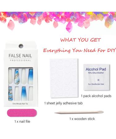 Gradient Blue White Gold Foil Fake Nails - 24Pcs Square Full Cover Long Press-on Nails for Women - Acrylic Glossy False Nails with Designs and Glue-On Technology - Buy Online on SooperMarket.com