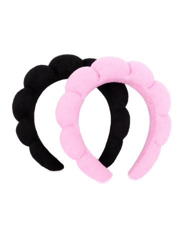 MapofBeauty 2 Pieces Spa Headband Women Fashion Puffy Head Wear Hair Accessory Sponge Soft Hairband (Black/Pink)