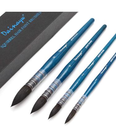Dainayw Professional Mop Watercolor Brushes  Squirrel Hair & Horse Hair Synthetic Blend Round Paint Brush Set for Art Painting  Gouache  4 Size  Blue Handle