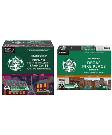 Starbucks French Roast Dark Roast Ground Coffee K-Cup Pods 44 ct Box & PIKE PLACE Decaf Roast Medium Roast Ground Coffee K-CUP Pods 24 ct Box Coffee + Coffee PIKE PLACE Decaf