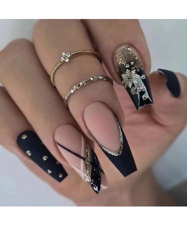 MISUD Press on Nails Long Coffin Fake Nails Matte Glue on Nails Ballerina Acrylic Nails Bling Snowflake Glitter Artificial Nails Black Gradient French Tip Stick on False Nails with Design 24 pcs 03501Black