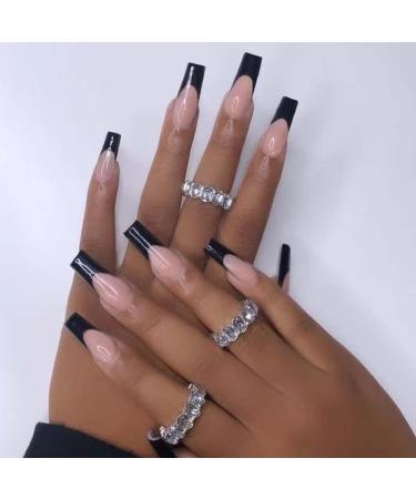 Hkanlre Square Long Press on Nails Tips French Fake Nails Black Full Cover Xl False Nails Ballerina for Women and Girls 24PCS
