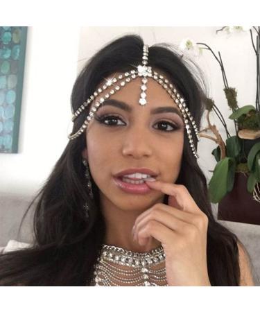 Aularso Bridal Rhinestone Head Jewelry Layered Hair Chain Forehead Headpiece Wedding Costume Headband for Women and Girls Silver