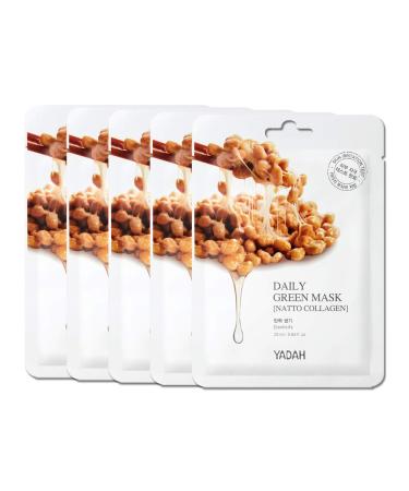 YADAH Daily Green Facial Sheet Mask Natto Collagen Pack of 5 Vegan 100% Eco-friendly Mask Sheet for Skin Elasticity Natto Pack of 5