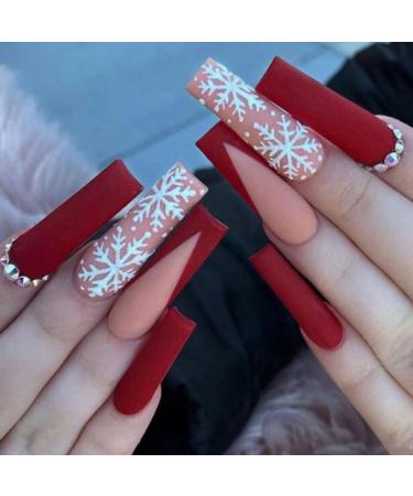 Handcess Christmas False Nails Long Red Press on Nails Snowflake Fake Nails Matte Stick on Nails for Women and Girls 24Pcs