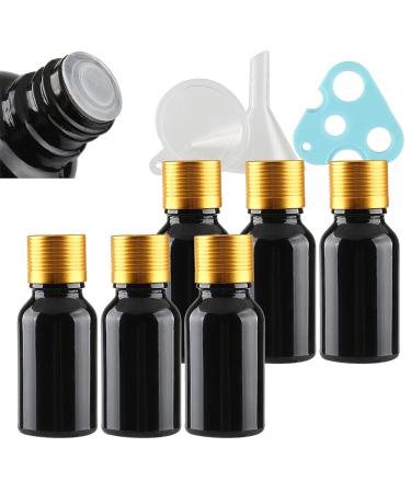Tianzd 6 pieces empty Little 15 ml gloss black glass bottles with sealed stopper gold aluminum screw cap glass bottle flasher oil fragrance perfume massage aromatherapy gold 15ml