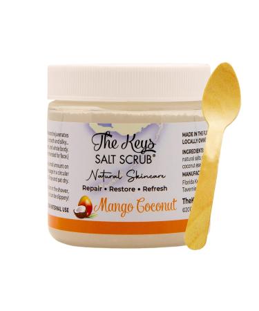 The Keys Salt Scrub Premium Exfoliating Sea Salt Body Skin Scrubs - Made with Pure Florida Sea Salt Organic Essential Oils & Nutrients + Wooden Spoon (Mango Coconut  Travel Size 3.4 oz) Mango Coconut 3.4 Fl Oz (Pack of 1...