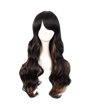 MapofBeauty 28 Inch/70 cm Charming Women Side Bangs Long Curly Full Hair Synthetic Wig (Black Mixed Brown)