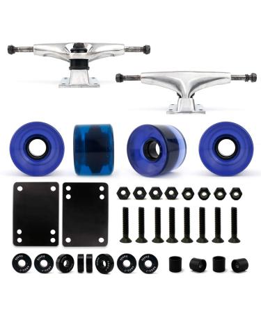 VJ Skateboard Truck and Wheel, 5.0 Skateboard Trucks 127mm Trucks w/Skateboard Cruiser Wheel 60mm, Skateboard Bearings, Skateboard Screws, Skateboard Riser Pads Silver truck w/ gel blue wheel