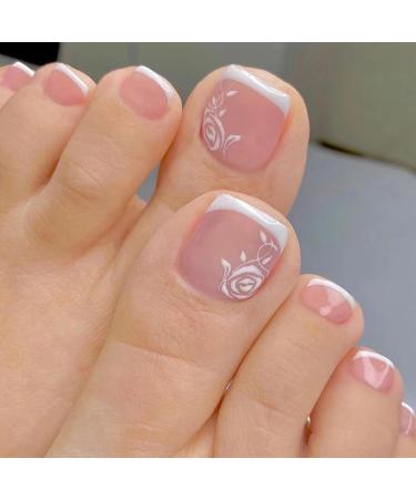 24Pcs Square False Toenails Glossy French Rose Flower Press on Toenails Nude Pink Stick on Toenails Short Acrylic Full Cover Summer Fake Toenails for Women and Girls Daily Decorations White Rose Flower