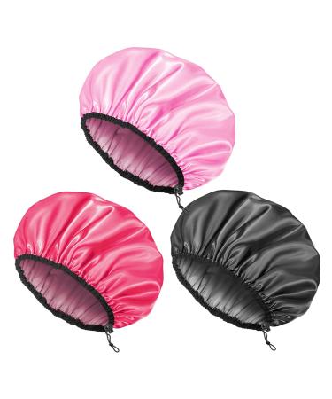 Auban Shower Cap for Women Adjustable Reusable Extra Large Double-Layer Waterproof Bathing cap Waterproof Exterior EVA Lining Hair Cap for All Hair lengths 3 Colors ADJUSTABLE-pink-rose red-black