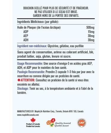 Maplelife Nutrition Harp Seal Oil 500 mg 100% Canadian Arctic Ocean Sourced EPA/DHA/DPA for Better Absorption Boost Brain Power Maintain Cardiovascular Health Lower Cholesterol & Triglyceride Anti-Inflammation Improve Cognitive Function 300 Softgels 300 c - Buy Online on SooperMarket.com