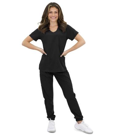 Green Town Women's Medical Scrub Top and Jogger Pant Set Slim Fit Athletic 4-Flex Stretch Uniform Medium Black