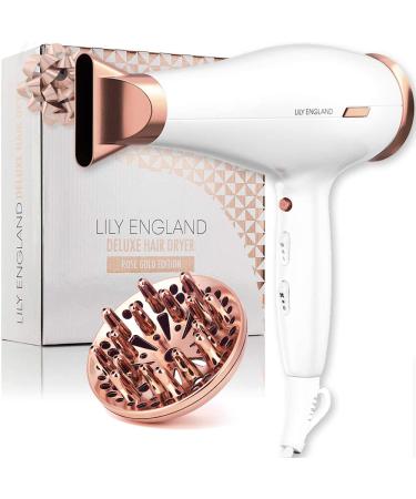 Lily England Hair Dryer with Diffuser for Curly Hair - 1800w Diffuser Hairdryer with 3 Heat Settings 2 Speeds & Cool Shot Blow Dryer - Hairdryers for Women White & Rose Gold Rose Gold With Diffuser