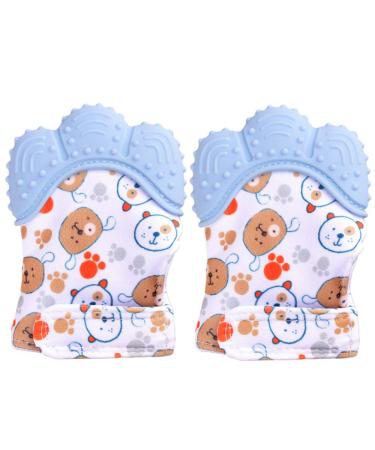2 pieces of children's toothing gloves for babies gloves bite ring toys food-safe (BPA-free) washable and durable biting glove Baby prevent scratch protective gloves (blue)