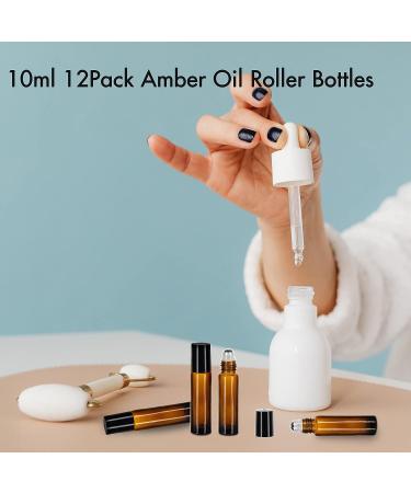 12 Pack 10ml Amber Glass Essential Oil Roller Bottles with Stainless Steel Roller Balls and Accessories | Labels, Openers, Funnels, Droppers Included - Buy Online on SooperMarket.com