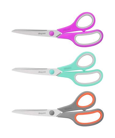 Scissors iBayam 8" Multipurpose Scissors Bulk 3-Pack Ultra Sharp Blade Shears Comfort-Grip Handles Sturdy Sharp Scissors for Office Home School Sewing Fabric Craft Supplies Right/Left Hand Mint Grey Purple 3-Pack