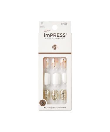 KISS imPRESS No Glue Mani Press On Nails Design 'Astound' White Short Size Squoval Shape Includes 30 Nails Prep Pad Instructions Sheet 1 Manicure Stick 1 Mini File Multicolor
