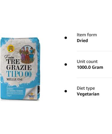 Tre Grazie Premium Italian Plain Wheat Flour 00 - 1Kg - Ideal for Bread, Pasta, and Cake - Buy Online on SooperMarket.com