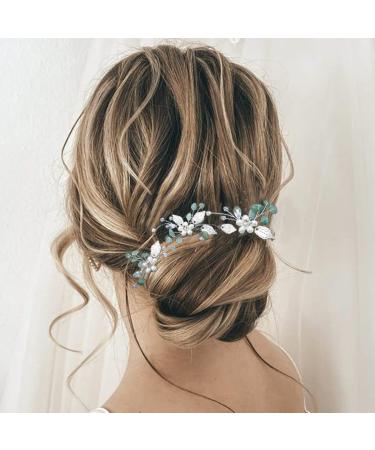 Heread Pearl Flower Bride Wedding Hair Pins Silver Leaf Bridal Hair Accessories Green Opal Rhinestones Hair Pieces Clips for Women and Girls (Pack of 3)