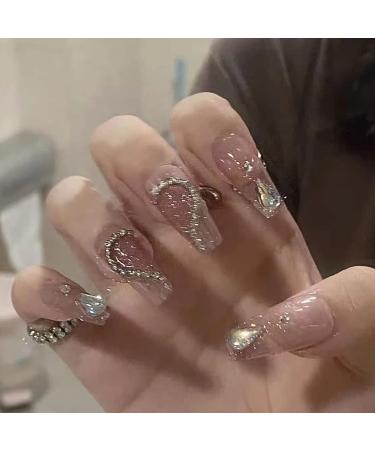 24Pcs Coffin Shape Press on Nails with Rhinestone French Designs - Medium Length Fake False Nails Ballet Nail Kit for Women and Girls - Buy Online on SooperMarket.com