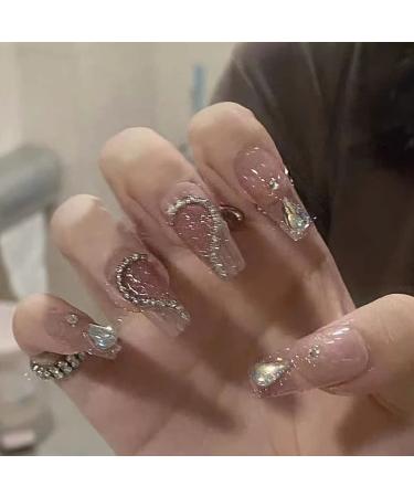 RUNRAYAY 24Pcs Coffin Shape Press on Nails Medium Length with Nail Art Rhinestone French Designs Fake False Nail Ballet Nail Kit for Women and Girl Stick on Nails DD