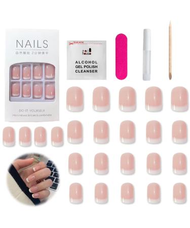 24 Pcs French False Nails Short Square Press on Nails Full Cover False Nails Nude Reusable Semi-Transparent Nails for Women and Girls Nail Art Accessories