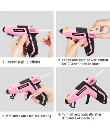 WORKPRO Cordless Hot Melt Glue Gun Kit | Rechargeable Mini Glue Gun with 20 Premium Glue Sticks | Automatic Power Off for Art, Crafts, Decorations, and Fast Repairs | Pink Ribbon - Buy Online on SooperMarket.com