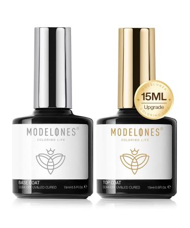 Modelones Gel Nail Polish Top and Base Set 2x15ml No Wipe Gel Top Coat and Base Coat Gel Polish Kit No Wipe LED Soak Off Nail Art Manicure Starter Kit Gloss Shiny Long Lasting for 28 Days Clear-Base Top Coat