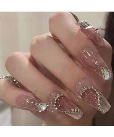 24Pcs Coffin Shape Press on Nails with Rhinestone French Designs - Medium Length Fake False Nails Ballet Nail Kit for Women and Girls - Buy Online on SooperMarket.com