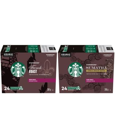 Starbucks French Roast Dark Roast Coffee Single Serve Keurig K-Cup Pods 24 Capsules & Sumatra Dark Roast Coffee Single Serve Keurig K-Cup Pods 24 Capsules