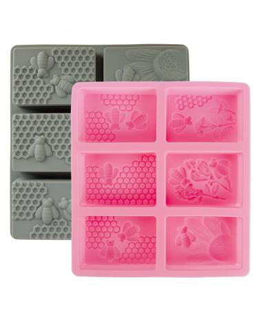 2PCS Bee Soap Silicone Fondant Molds - Honeycomb Cake Molds Beehive Ice Cube Tray Chocolate Mold Set for Cookies Mousse Pudding Candle Muffin Baking Tray Mold - Pink & Gray 2 PCS 6 Cavities Rectangle Bee Shape