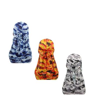 Military Camouflage Premium Silky Durags with Long Tail Colorful 360 Waves Doo rag for Men Du rag Cap (3/4 Packed) A-set3-camo Silky-3 Pack