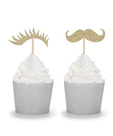24 Gold Glitter Stashes or Lashes Cupcake Toppers for Gender Reval Party Baby Shower Decorations