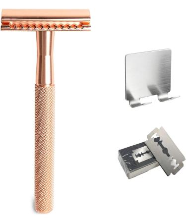 Oueyfer Double-Sided Safety Razor - Premium Zinc Alloy & Metal Handle for Effortless Hair Removal - Stylish Rose Gold with Bracket - Buy Online on SooperMarket.com