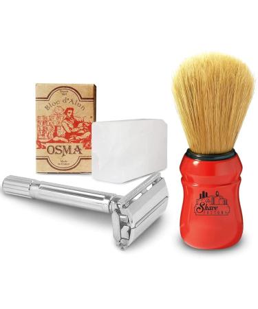 TSF Shaving Set with Omega Brush Bloc Osma and The Shave Factory Safety Razorred RED 1 count