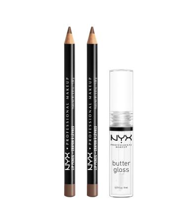 NYX PROFESSIONAL MAKEUP Slim Lip Pencil (Espresso) + Butter Gloss (Sugar Glass Clear) 3-Pack Bundle Pack Of 3 (Slim Lip Pencil - Espresso & Butter Gloss) 3 Piece set