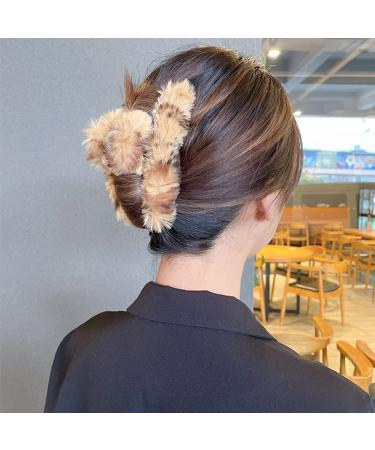BETHYNAS Leopard Print Faux Fur Hair Clip Fuzzy Plush Hair Claw Clip Fluffy Half Bun Hairpin Soft Hair Jaw Clamp for Women Girls (Brown)