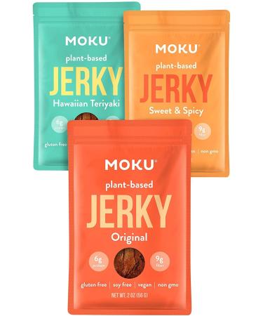 Moku Plant-Based Mushroom Jerky, Hawaiian Teriyaki, Sweet and Spicy, Original (3 Pack) Vegan Jerky, Gluten Free, Soy-Free, Non-Gmo Healthy Snacks, Vegan Meat No Artificial Sweetener Vegan Food, 2.0 Oz Ea - Variety Pack Variety Pack 2 Ounce (Pack of 3)