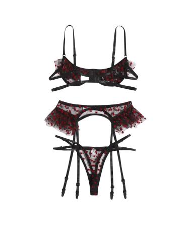 Apfopard 3 Piece Women Sexy Lace Garter Lingerie Set Strappy Ruffle Trim Underwire Shelf Bra and Panty Set Split Hollow Small G81-black