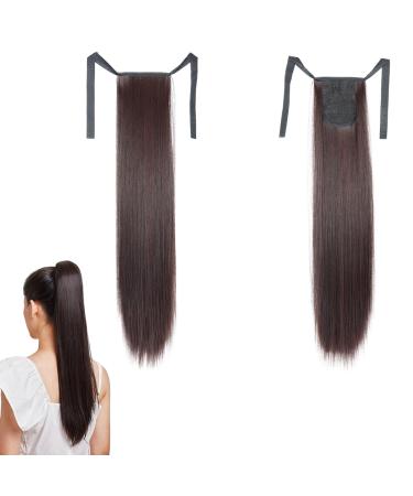 prinfantasy Straight Ponytail Extensions Long Wrap-around Pony Tail Synthetic Clip-on women s wig Dark Brown Hairpiece 22 Inch GBMW047 GBMW047 22 inch