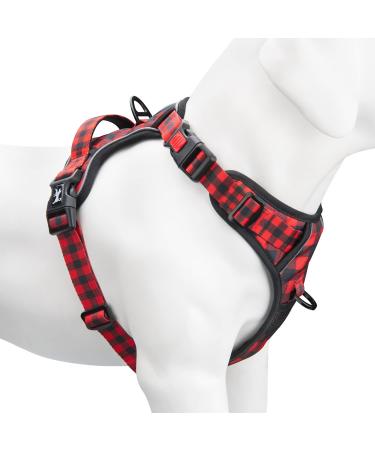 PoyPet No Pull Dog Harness Release on Neck Reflective Adjustable No Choke Pet Vest with Front & Back 2 Leash Attachments Soft Control Training Handle for Medium Dogs(Checkered Red M) M (Pack of 1) Checkered Red