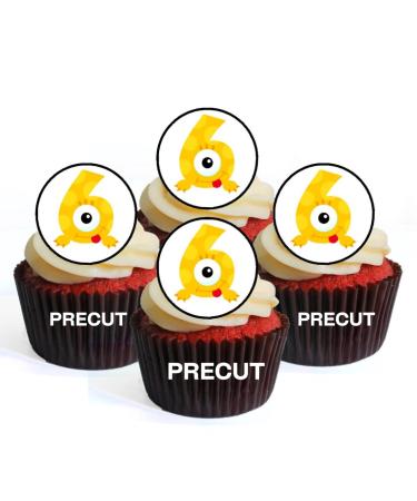 PRECUT Monster 6th Birthday Edible Cupcake Toppers - Monster Numbers Theme Premium Thickness SWEETENED VANILLA - wafer card disc cake decorations (Pack of 24)