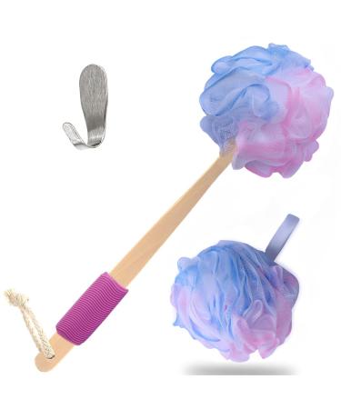 Loofah Back Scrubber –Bamboo Charcoal Fiber Infused Bath Sponge –Lufa Body Scrubber for Men & Women – Includes1 Wooden Handle Sponge,1 Luffa Pouf and 1 Hook to Hang Loofah and Other Stuff -Pink
