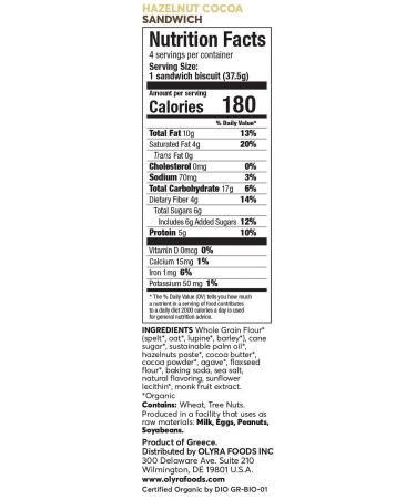 OLYRA Organic Breakfast Sandwiches Biscuits Hazelnut Cocoa Butter - Low-Sugar High Fiber Protein Vegan Healthy Snacks Individually Wrapped Cookies (1 Box of 4 Packs  1 Sandwich per Pack) Hazelnut Cocoa 5.3 Ounce (Pack of - Buy Online on SooperMarket.com