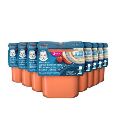 Gerber Baby Food 2nd Foods, Mixed Cereal, Apple, Strawberry & Blueberry with Mixed Cereal Puree, 4 Ounce Tubs, 2-Pack (Pack of 8) Apple Strawberry Blueberry with Mixed Cereal