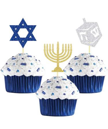24Pcs Hanukkah Cupcake Toppers Candlestick Hexagram Decorations for Hanukkah Party Decoration Supplies