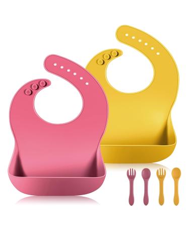 Vicloon Silicone Baby Bib 2PCS Baby Weaning Bibs with Fork Spoon Waterproof Baby Feeding Bibs Adjustable with Wide Food Catcher Pocket Unisex Toddler Bibs (Pink-Yellow)