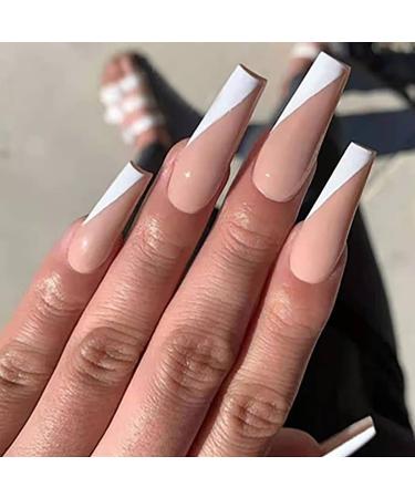 Brishow artificial nails long wrong nails french ballerina acrylic press the nails full cover 24pcs for women and girls